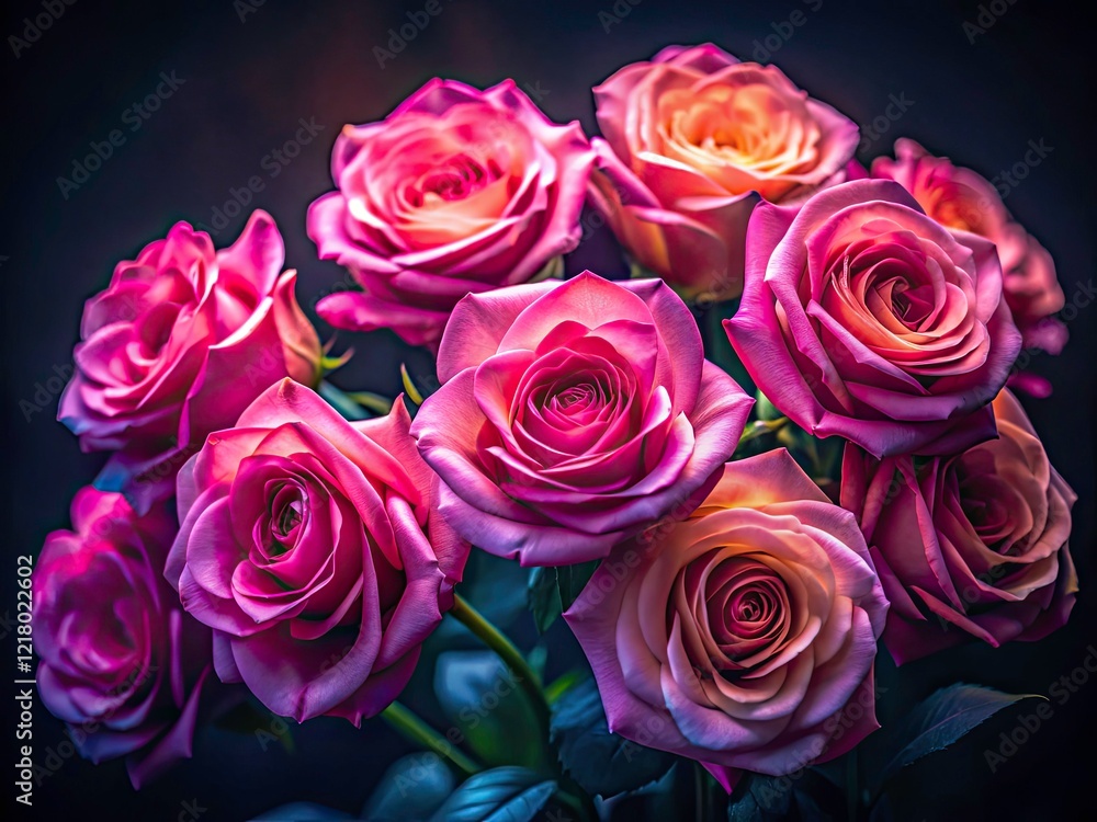 Naklejka premium Low Light Pink Roses Photography, Romantic Dark Rose Bouquet, Night Bloom, Pink Rose Closeup, Moody Rose Image, Beautiful Rose Pictures, Dark Floral Photography