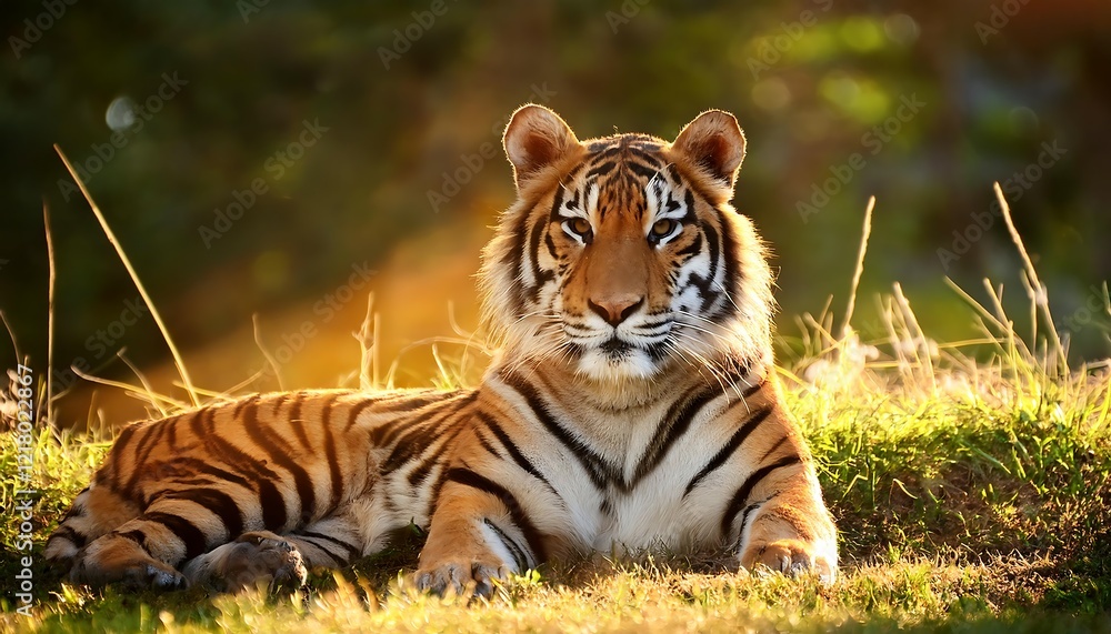 Fototapeta premium Majestic Bengal Tiger with Glowing Orange and Black Stripes Resting Gracefully