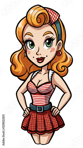 pin up girl isolated black outline vector illustration, transparent background