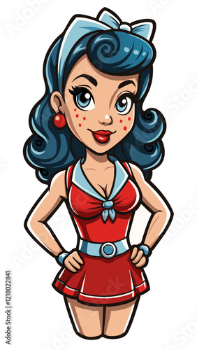 pin up girl isolated black outline vector illustration, transparent background