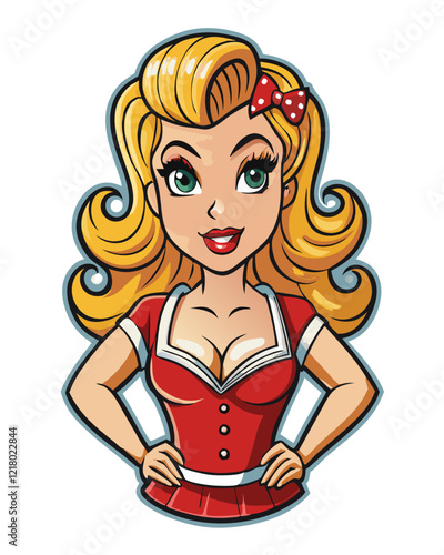 pin up girl isolated black outline vector illustration, transparent background