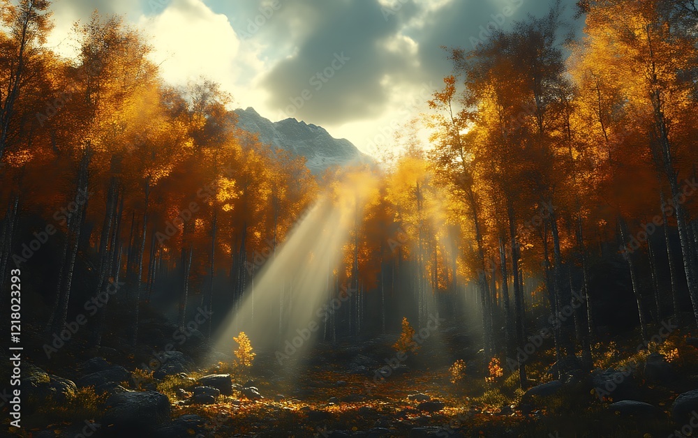 Sunbeams illuminate autumnal forest. Sunbeams illuminate autumnal forest.