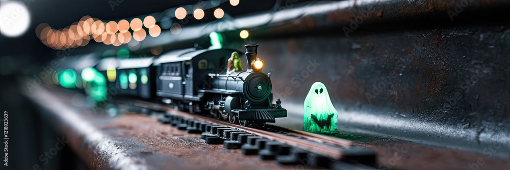 Fototapeta premium Spooky Halloween Train Night Scene Miniature Locomotive Ghost Lights