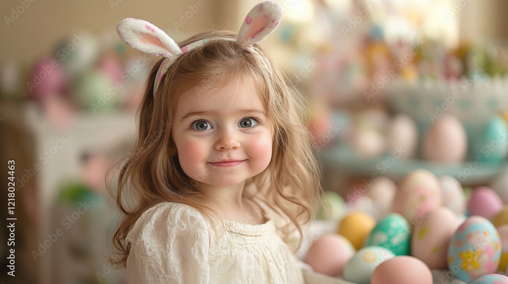 Smiling caucasian child with bunny ears celebrating easter surrounded by colorful eggs. Easter, Pascha, Paskha, Ostern, Pascua, Paques - Orthodox and Catholic Holiday celebration Smiling caucasian child with bunny ears celebrating easter surrounded by colorful eggs. Easter, Pascha, Paskha, Ostern, Pascua, Paques - Orthodox and Catholic Holiday celebration