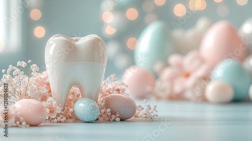 Decorative tooth with pastel easter eggs and flowers in soothing bokeh background. Easter, Pascha, Paskha, Ostern, Pascua, Paques - Orthodox and Catholic Holiday celebration