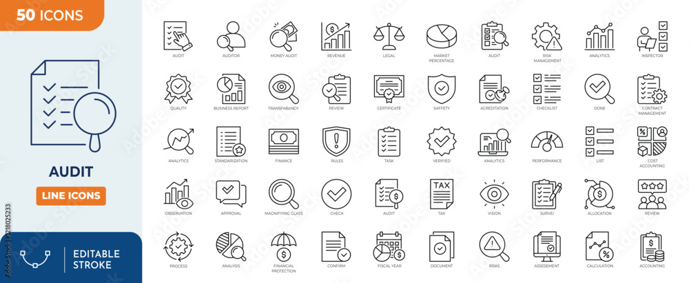© Cetacons - Audit Line Editable Icons set. Containing inspection, documentation, auditor, checkmark, and more. Vector illustration