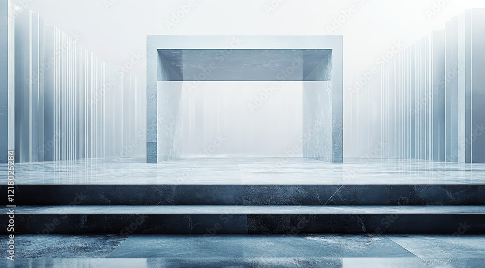 Obraz premium 3D rendered stone staircase, stone door frame, smoke swirling