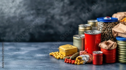 A militarystyle scene with survival rations and canned food supplies photo