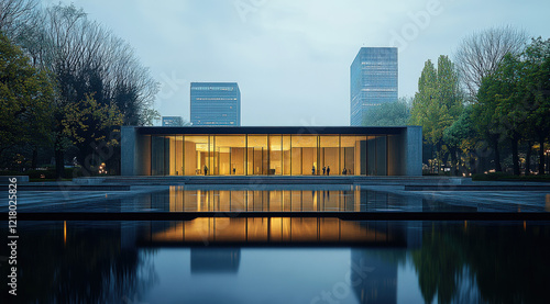 In the city park, the glass exhibition hall lights up at night photo