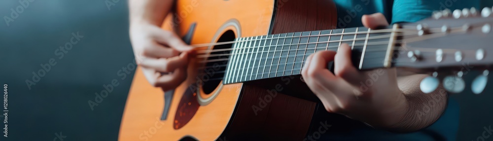 Fototapeta premium A musician playing an acoustic guitar under soft, golden lighting, warm and intimate tone