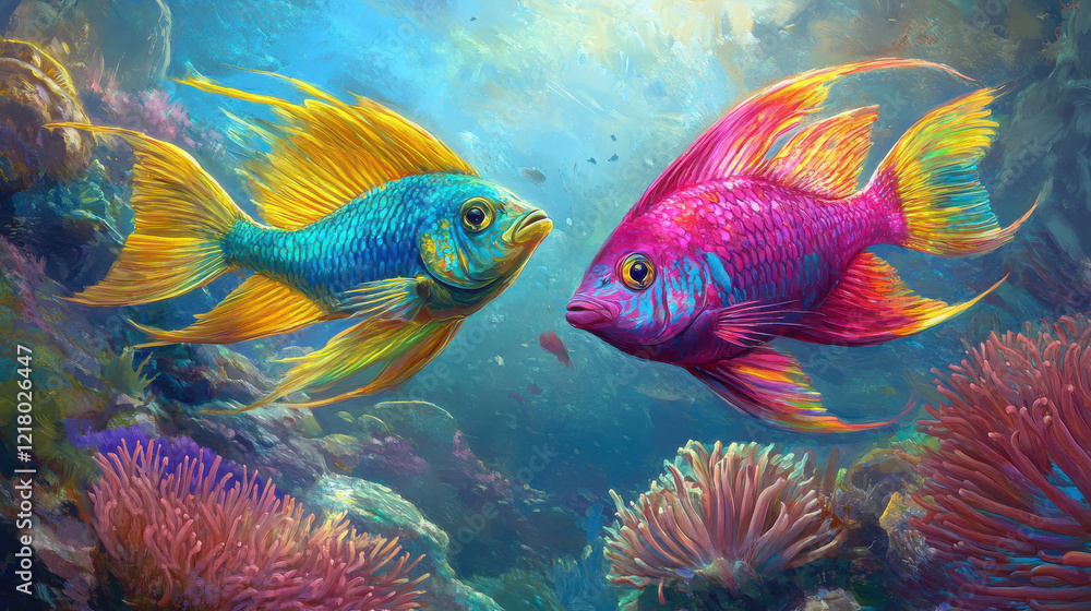 Fototapeta premium A hyperrealistic digital painting of two vividly colored exotic fish