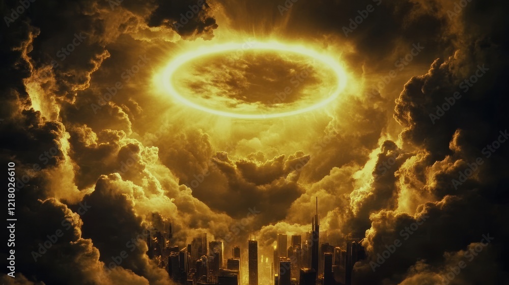 Fototapeta premium Golden ring above city, apocalyptic clouds, fantasy artwork