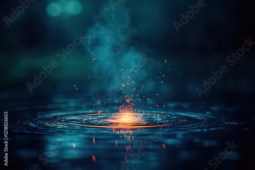 A mystical scene where boiling water emits glowing, magical steam in a dark environment photo