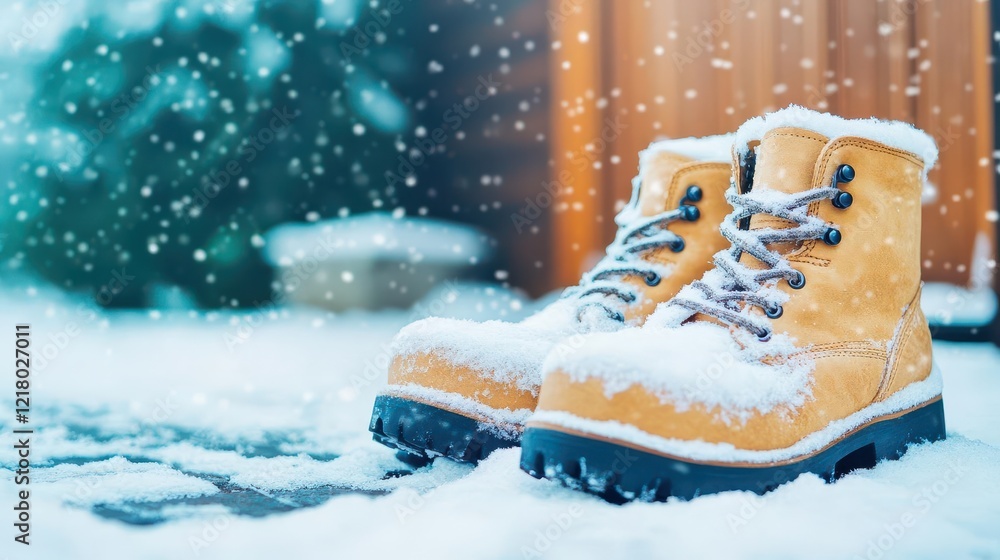 A pair of boots covered in snow by a cabin door, cozy and rustic, closeup A pair of boots covered in snow by a cabin door, cozy and rustic, closeup