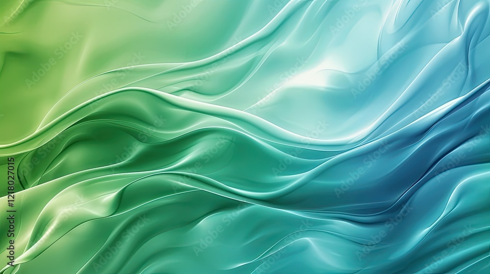 Obraz premium Abstract flowing waves in green and blue hues creating a smooth, tranquil visual effect.