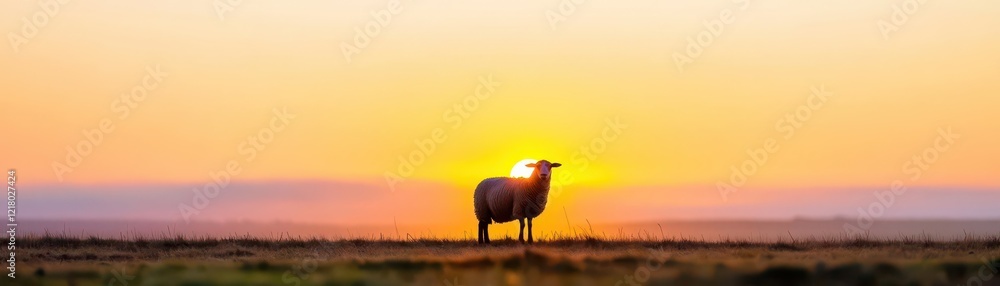 Fototapeta premium A peaceful farm scene at dawn with sheep silhouetted against a rising sun