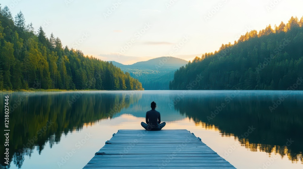 Obraz premium A peaceful image of a person sitting on a dock by a lake at sunrise, reflecting mindfulness