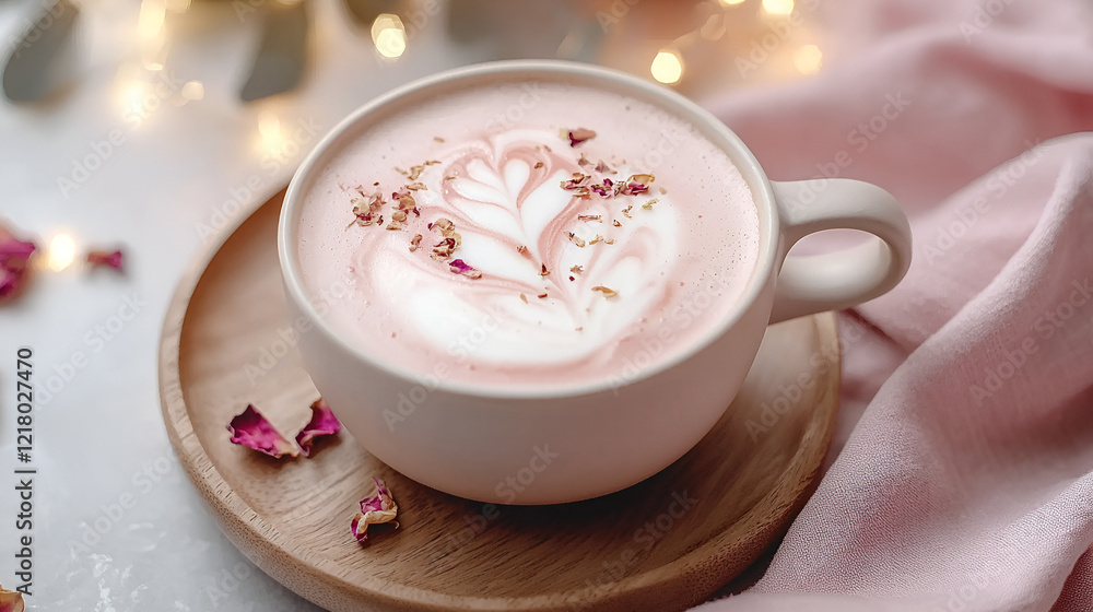 Pink latte with latte art and rose petals, served on a wooden coaster. Cozy and aesthetically pleasing. Pink latte with latte art and rose petals, served on a wooden coaster. Cozy and aesthetically pleasing.