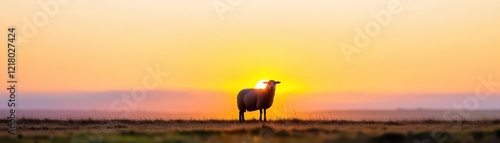 A peaceful farm scene at dawn with sheep silhouetted against a rising sun photo