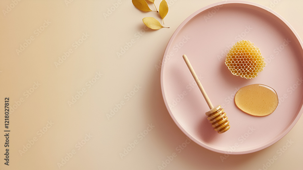 Honeycomb, honey, and dipper on a pink tray. A sweet, natural still life. Perfect for food blogs or health and wellness content. Honeycomb, honey, and dipper on a pink tray. A sweet, natural still life. Perfect for food blogs or health and wellness content.
