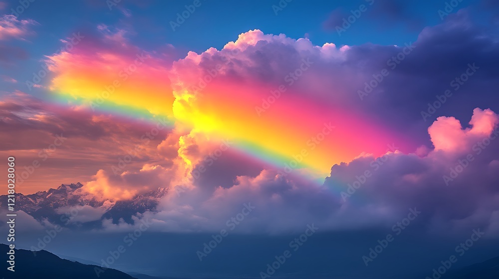 Fototapeta premium Vibrant rainbow arc in colorful sunset cloudscape.