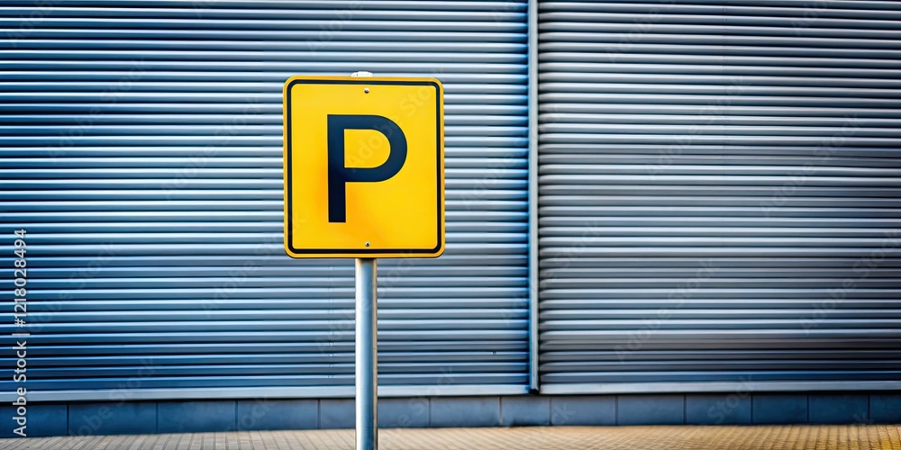 Minimalist Yellow Parking Sign on Striped Pole Indicating Parking Area, Modern Urban Design, Clean Lines, Simple Aesthetic, Graphic Elements, Contemporary Photography