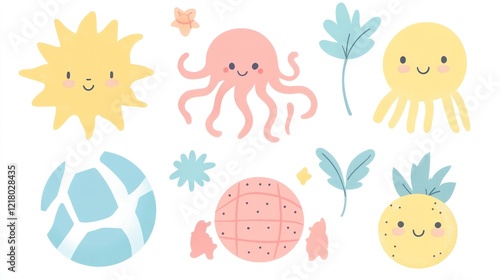 Cute ocean & sun characters; summer fun; kids' illustration