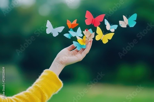 A person releasing a handful of paper butterflies into the air, symbolizing letting go of worries photo