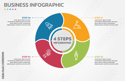 Visual data presentation. Cycle diagram with 4 options. Pie Chart Circle infographic template with 4 steps, options, parts, segments. Business concept. Marketing infographic vector illustration.