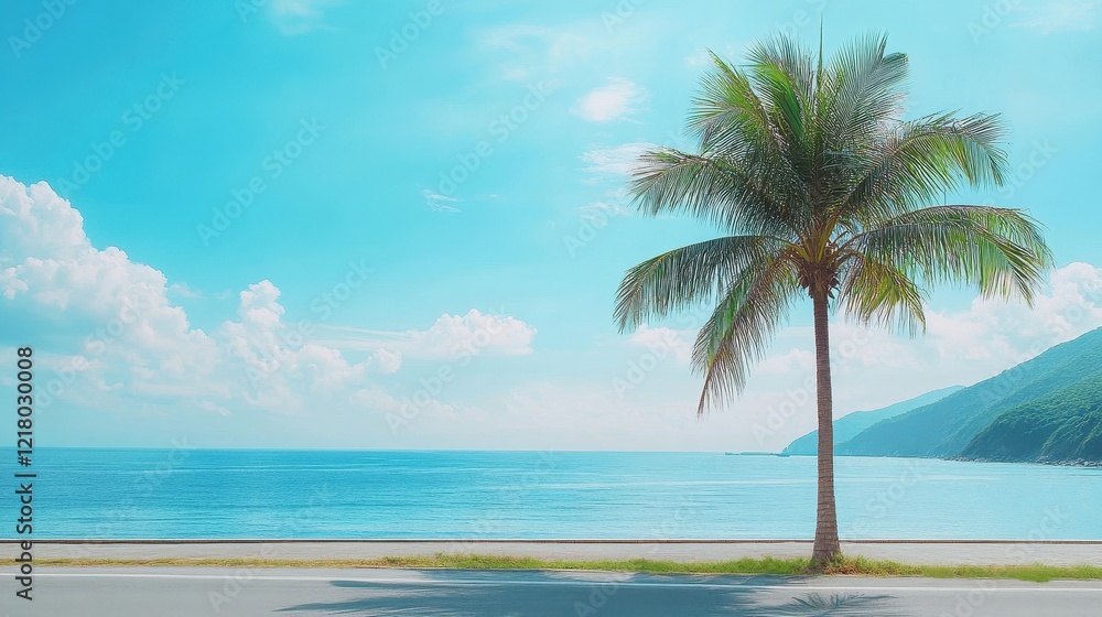 Obraz premium Serene coastal scene, palm tree by ocean. Ideal for travel, vacation, or summer themes, evokes relaxation and tranquility.