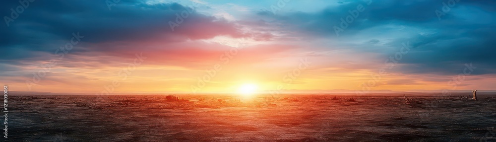 Fototapeta premium A postapocalyptic wasteland with remnants of civilization scattered, dramatic shadows and vast skies