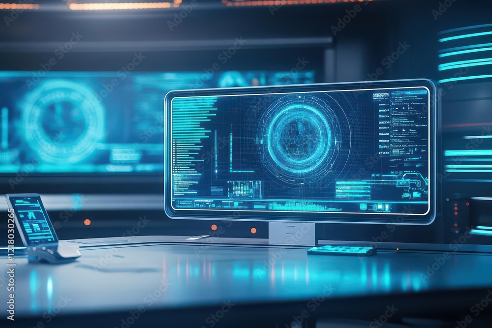 A professional workspace with futuristic technology, holographic displays, and modern design A professional workspace with futuristic technology, holographic displays, and modern design