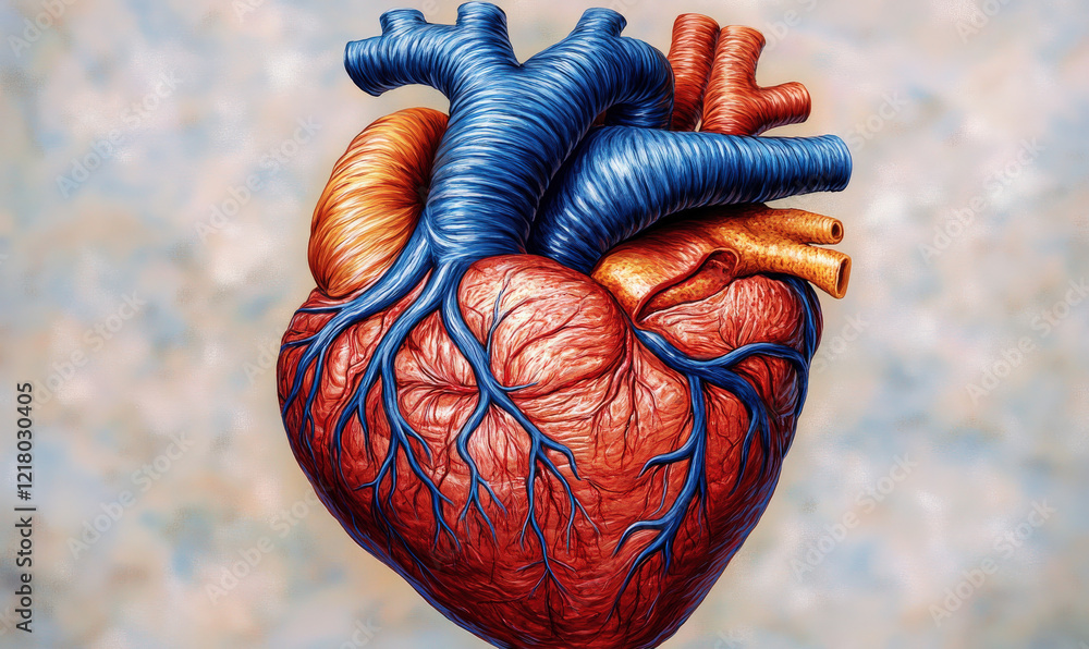 Naklejka premium A model of a human heart with red arteries and blue veins