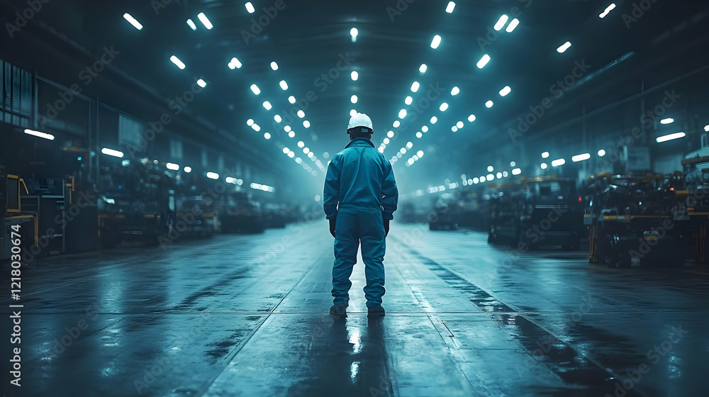 Fototapeta premium Engineer inspecting warehouse machinery at night