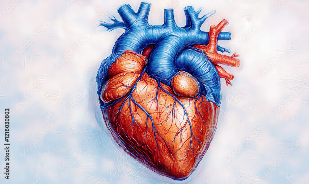 Naklejka premium A model of a human heart with red arteries and blue veins