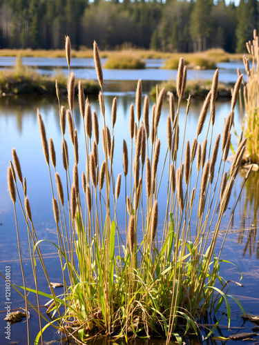 Marsh bog Eleocharis palustris is a species of herbaceous plants of the genus Bolotnitsa Eleocharis of the sedge family Cyperaceae. Numerous stems. Lososinnoye lake, Karelia. Bogging of a reservoir photo