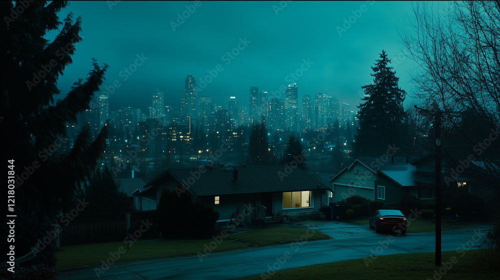 Naklejka premium Darkened homes contrasting lit buildings in urban landscape, symbolizing disparity and the contrast between light and darkness in modern society.