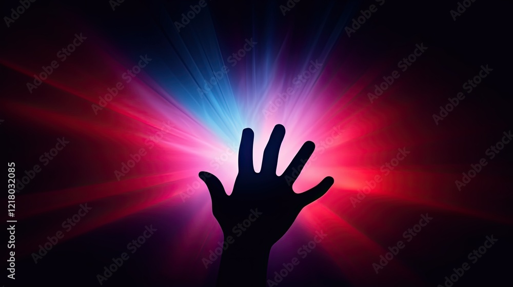 A silhouetted hand reaches towards vibrant, colorful light rays. A silhouetted hand reaches towards vibrant, colorful light rays.