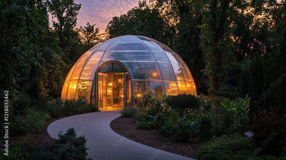 Illuminated geodesic dome greenhouse at dusk. Illuminated geodesic dome greenhouse at dusk.