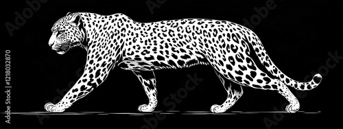 A Striking Black and White Vector Depiction of a Leopard Silhouette Striding Confidently in the Dark photo