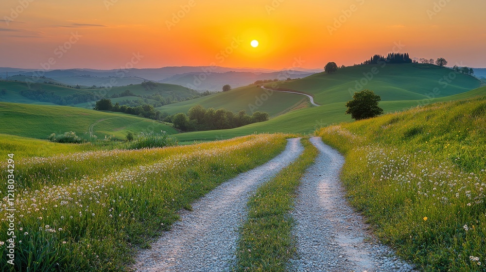 Serene sunset over rolling hills with a winding gravel path and vibrant wildflowers in bloom Serene sunset over rolling hills with a winding gravel path and vibrant wildflowers in bloom