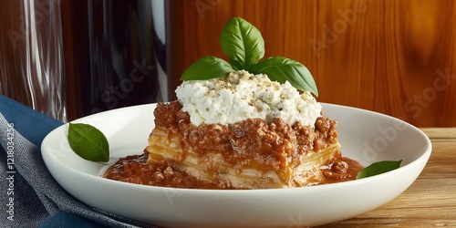 Lasagna Indulgence: A mouthwatering slice of lasagna, layered with rich meat sauce, creamy ricotta, and melted mozzarella cheese, garnished with fresh basil, ready to tantalize your taste buds. photo