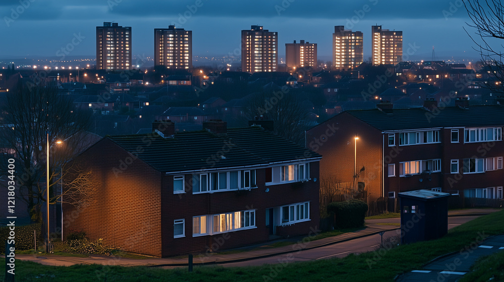 Obraz premium Darkened homes contrasting lit buildings in urban landscape, symbolizing disparity and the contrast between light and darkness in modern society.