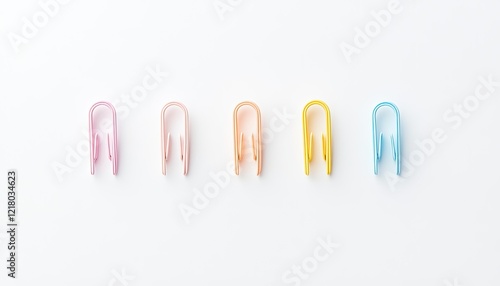 Colorful paper clips arranged in a line on a white background, showcasing office supplies