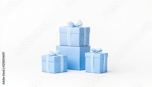 Three beautifully wrapped blue gift boxes stacked together against a clean white background