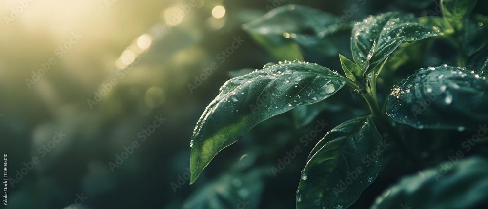 Dewy green leaves, sunrise garden, lush background, nature banner Dewy green leaves, sunrise garden, lush background, nature banner
