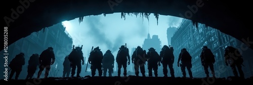 Silhouetted soldiers emerge from a dark tunnel into a post-apocalyptic city.