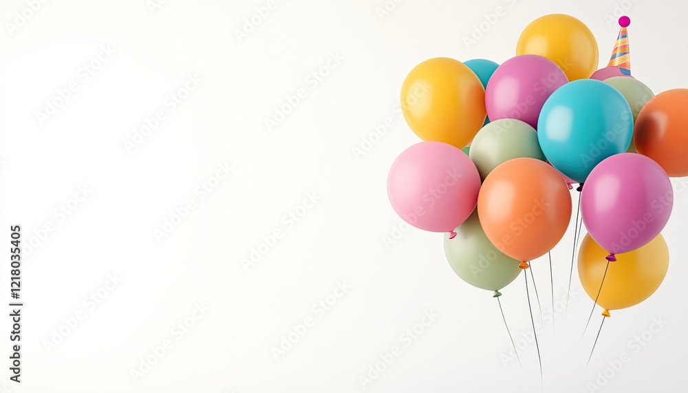 Colorful balloons in various shades with a party hat, creating a festive atmosphere Colorful balloons in various shades with a party hat, creating a festive atmosphere