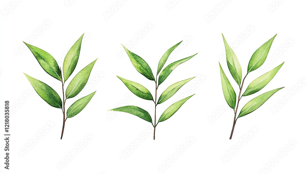 Naklejka premium Three delicate green leaves arranged artistically on a white background, showcasing natural beauty
