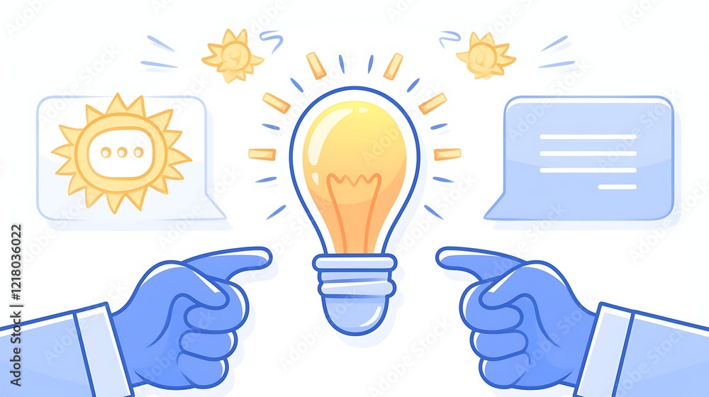 Two hands pointing at a bright idea. Two hands pointing at a bright idea.
